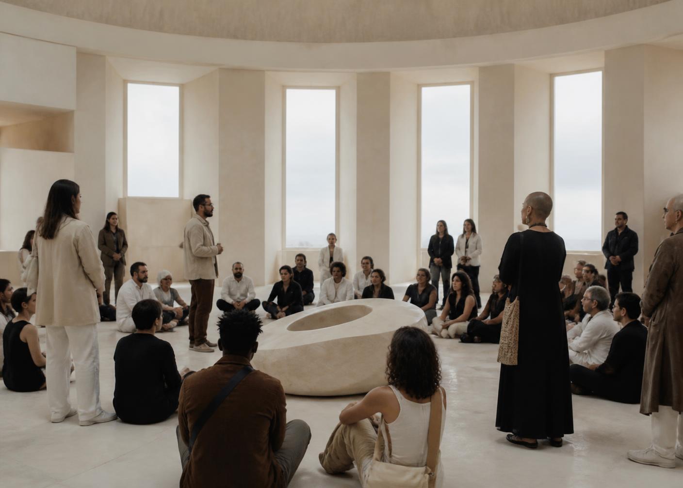 People gathered around a low sculptural stone form inside a daylit hall
