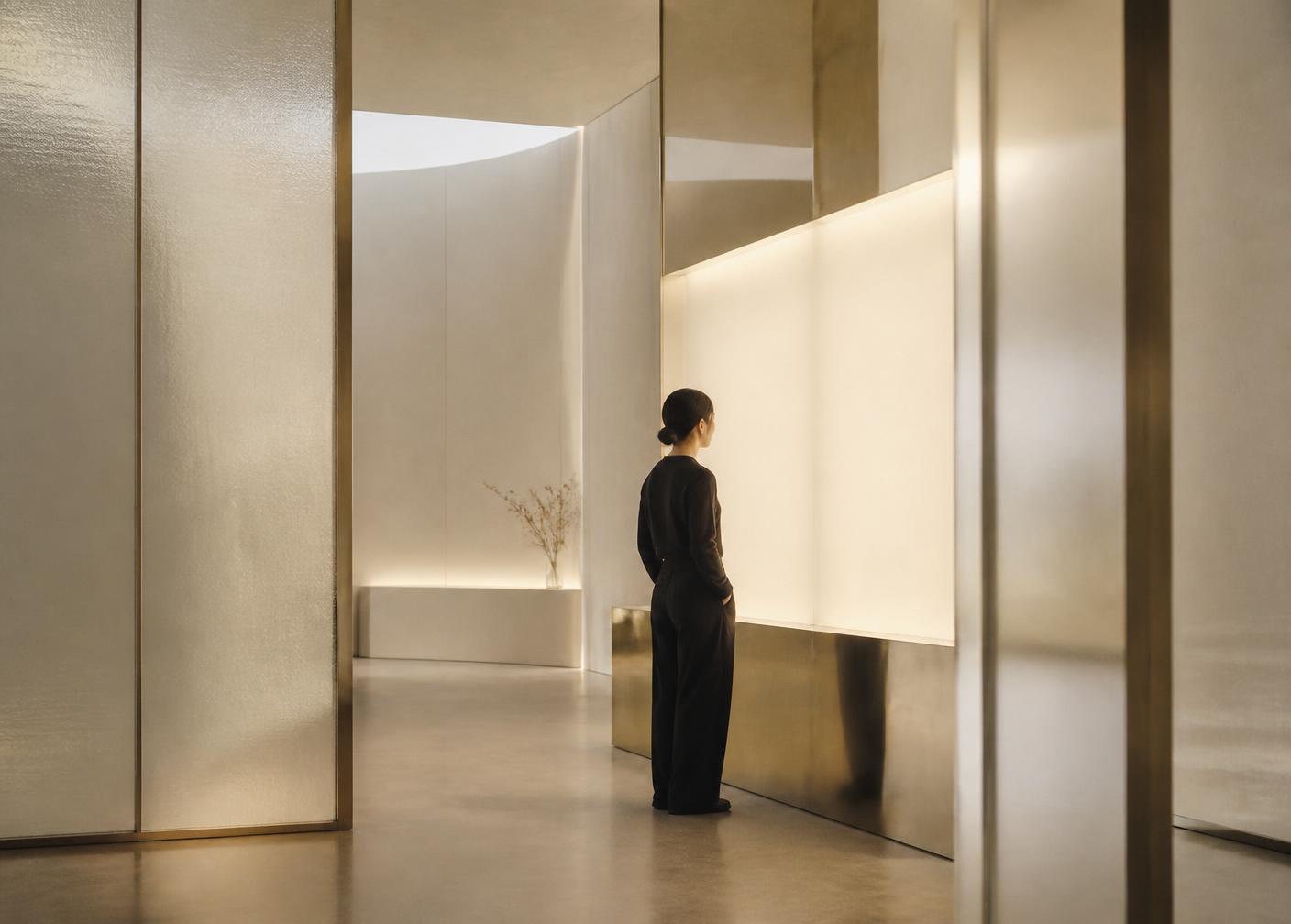 Minimal pavilion interior in champagne metal and frosted glass with a single visitor