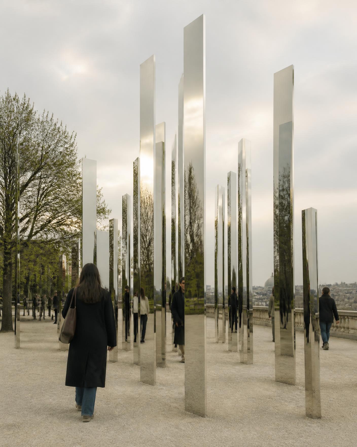 Tall mirrored fins installed along a park promenade reflecting trees and sky