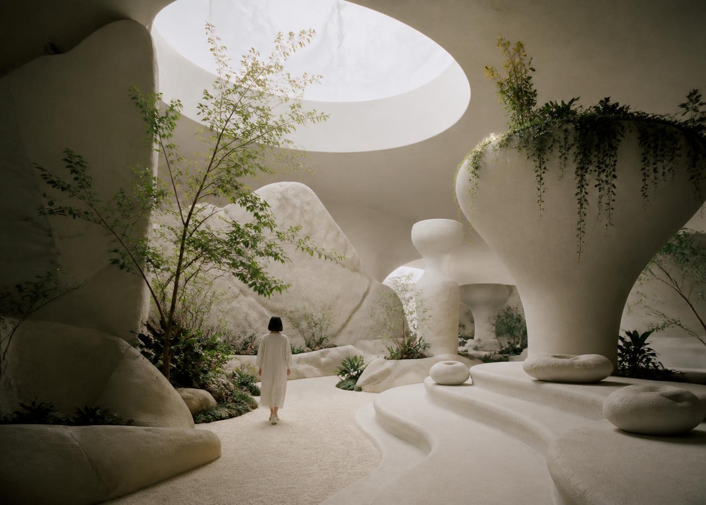 Sculptural indoor landscape of pale organic forms and plants under a skylight